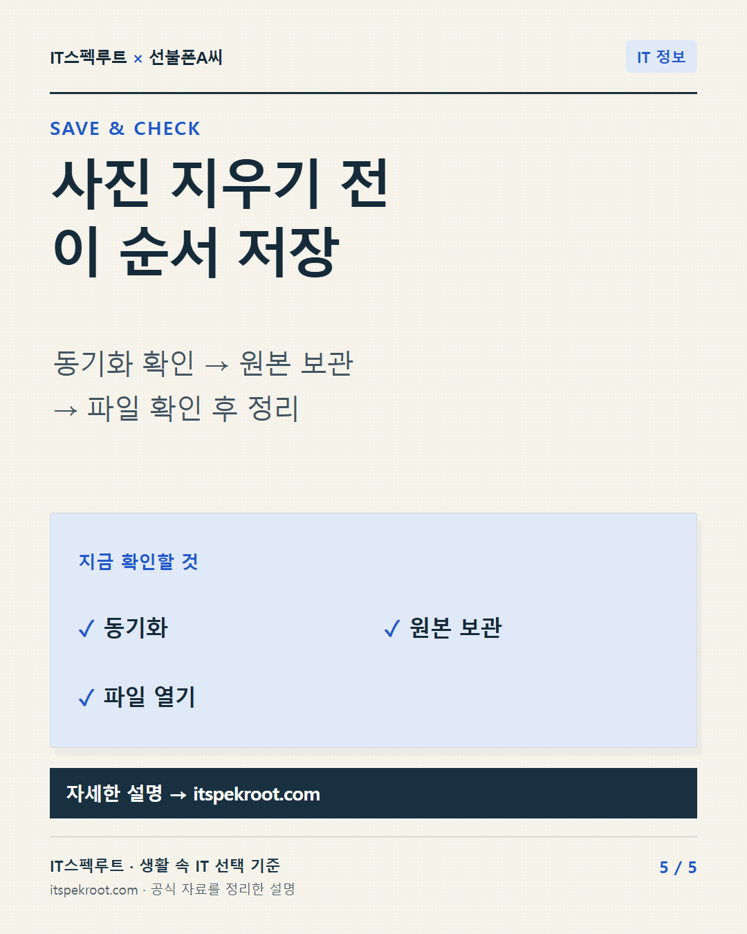 5장. 사진 지우기 전 이 순서 저장. 동기화 확인 → 원본 보관 → 파일 확인 후 정리
