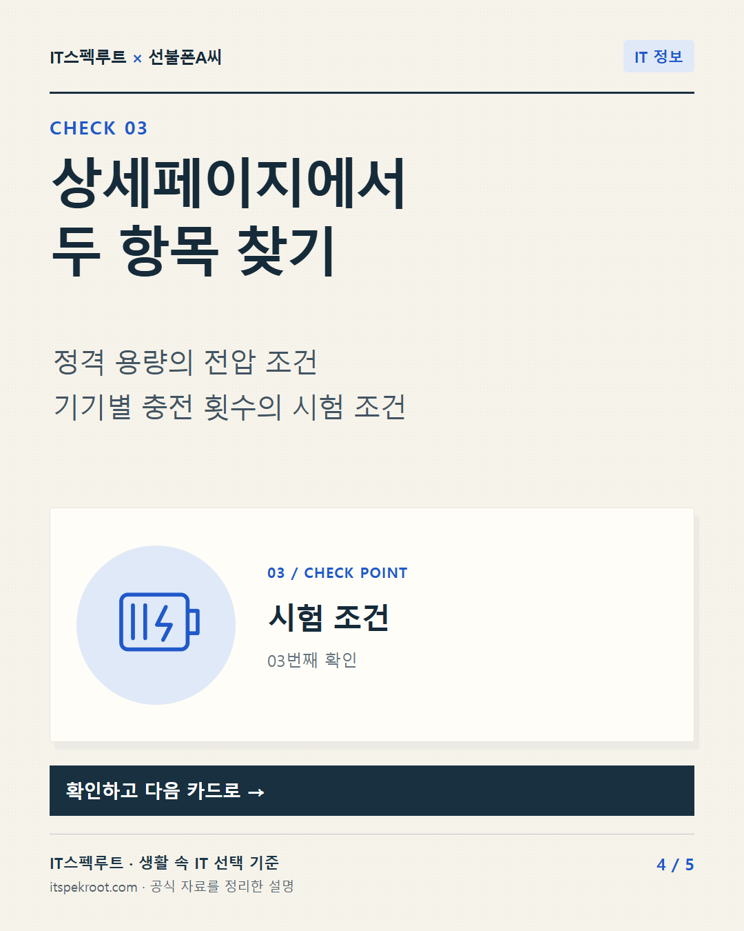 4장. 상세페이지에서 두 항목 찾기. 정격 용량의 전압 조건 기기별 충전 횟수의 시험 조건