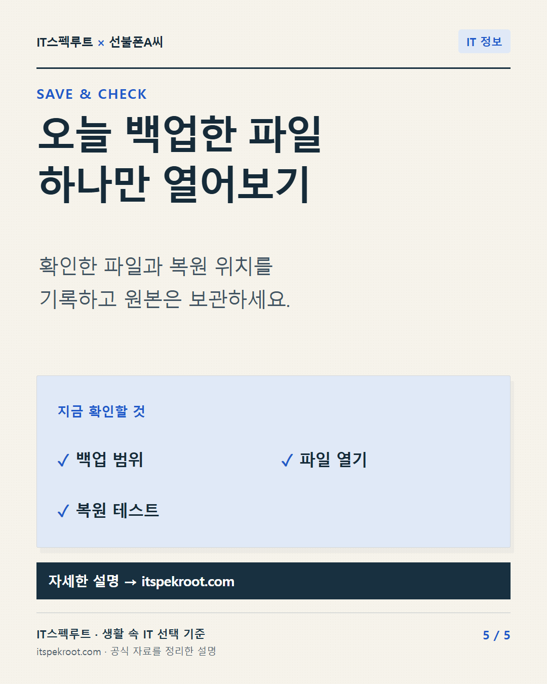 5장. 오늘 백업한 파일 하나만 열어보기. 확인한 파일과 복원 위치를 기록하고 원본은 보관하세요.